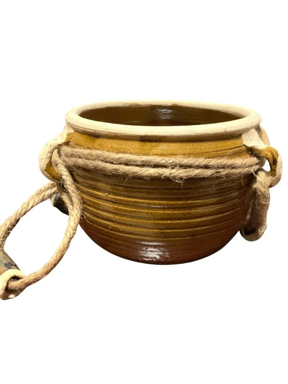 Studio Pottery Ceramic Hanging Planter Rope Accents For Indoor/Outdoor Plants